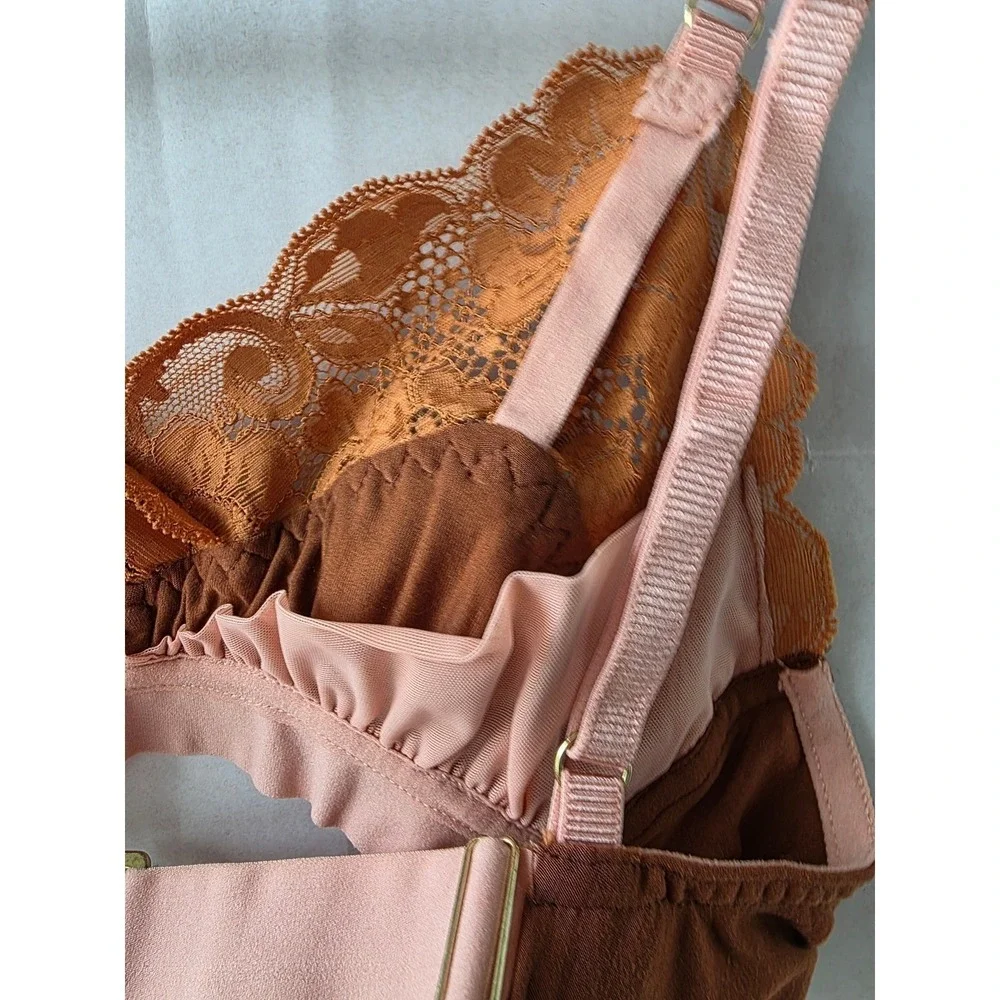 Free People We Are HAH Lace Bralette XS Wireless‎ Triangle Coquette Pink Brown